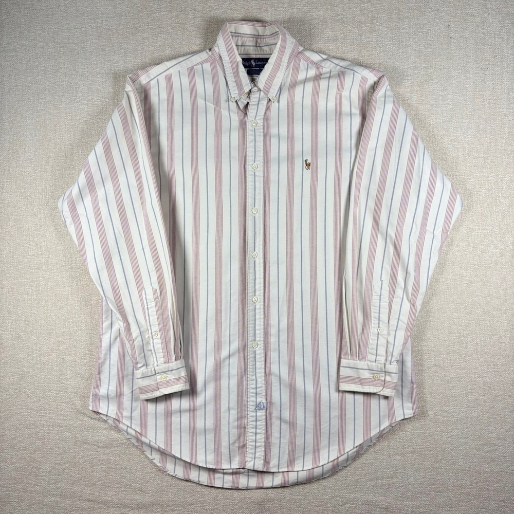 Vintage Ralph Lauren Yarmouth Mens Flesh Pony Striped Button Down Shirt White